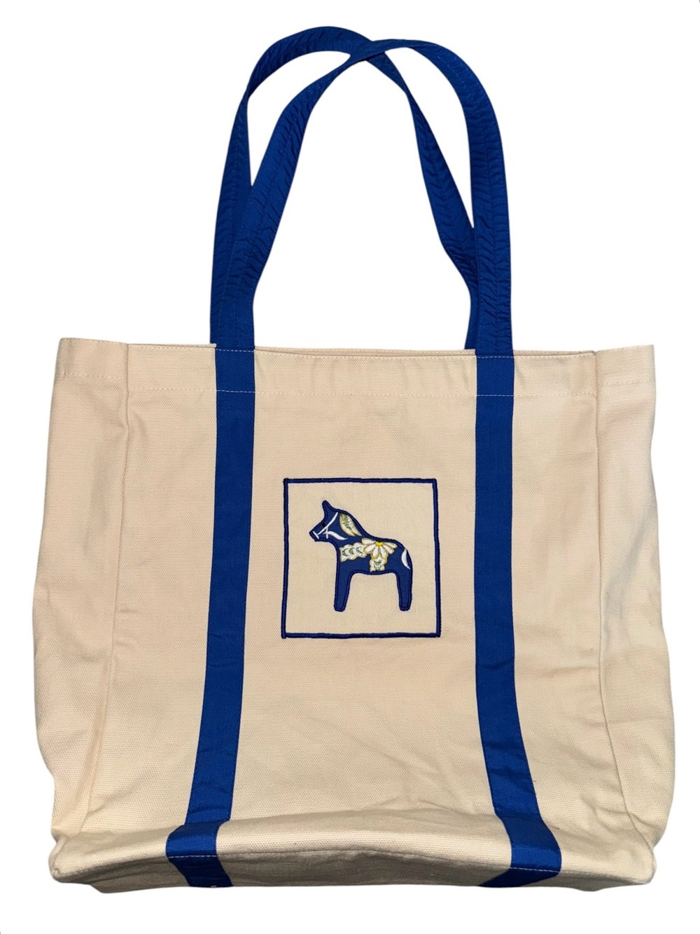 Swedish Dala Horse Embroidered Canvas Tote Bag Blue Cream Scandinavian Folk Art